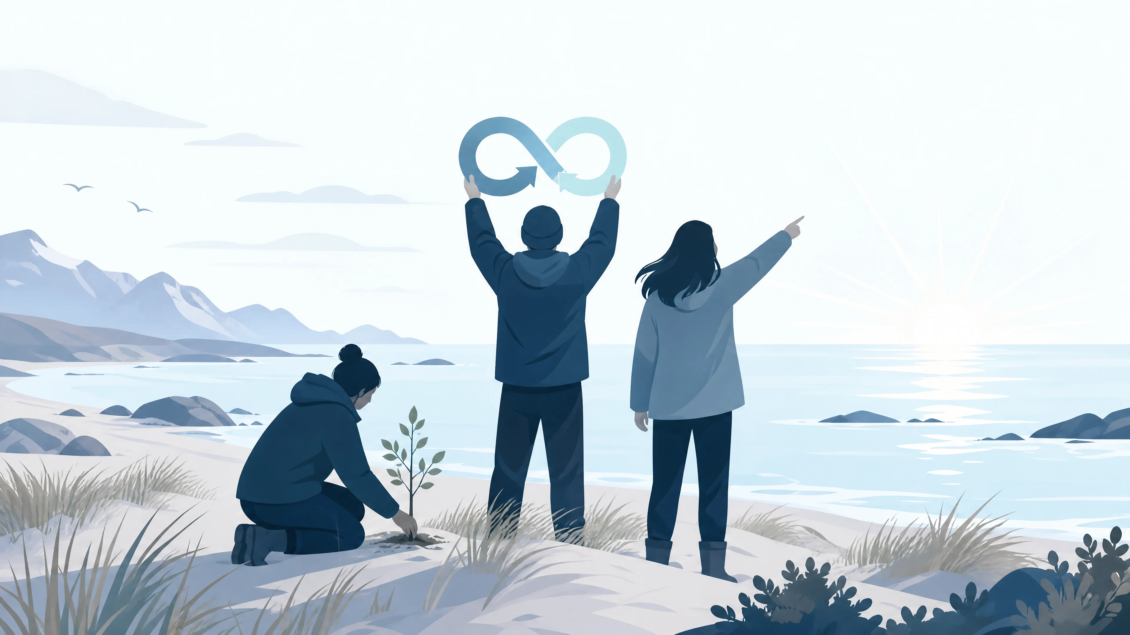 Tre abstrakte menneskesilhuetter i et nordisk kystlandskap — én planter et ungt tre i sanddynene (miljøansvar), én holder en gjenbrukssirkel i hendene (sirkulærøkonomi), én peker mot horisonten med en sol som stiger opp (fremtid og samfunnsansvar)