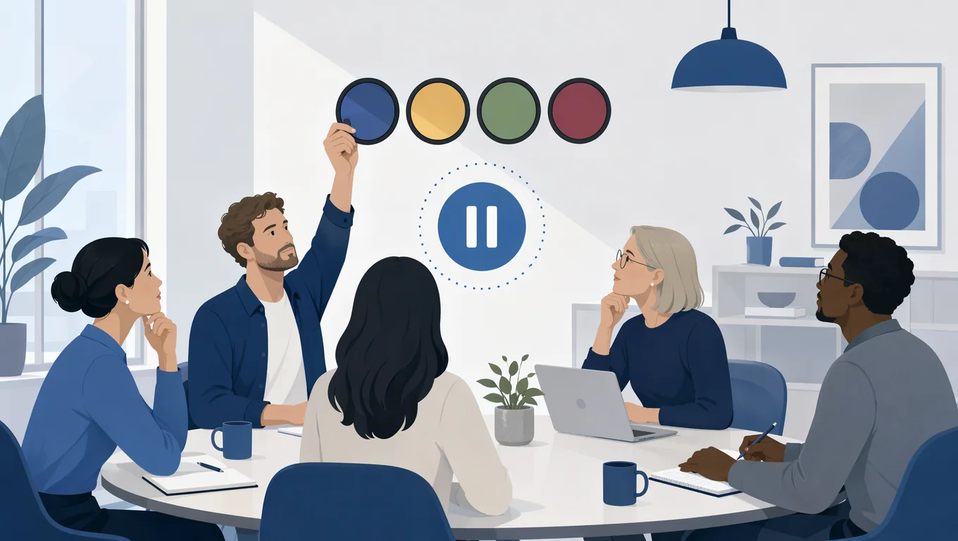 Abstrakt illustrasjon av eksplisitt reframing i møter — en gruppe rundt et bord, en person holder opp en hånd med fire fargede linser, en pauseknapp-symbol