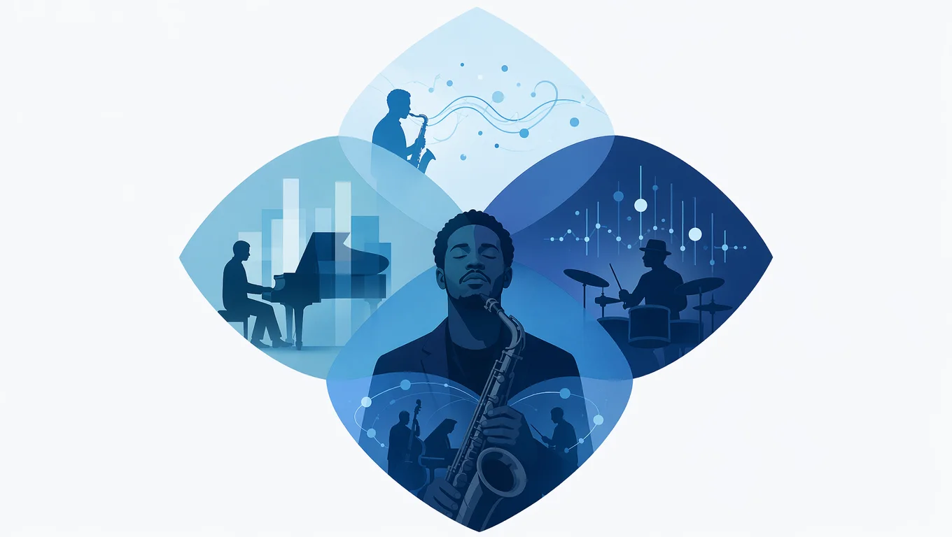 Abstrakt illustrasjon av samtidighet — jazzmusiker som holder melodi, harmoni, rytme og samspill i hodet samtidig, fire overlappende fargede linser i et diamantmønster