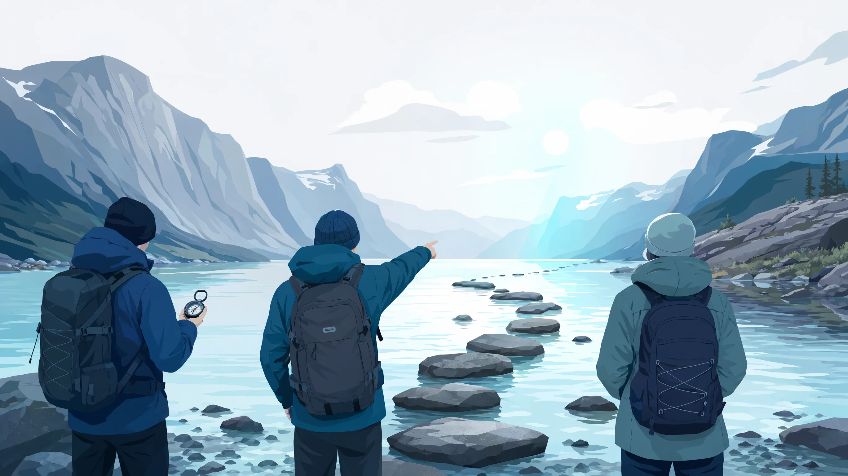 Tre abstrakte menneskesilhuetter ved et nordisk fjordovergang med steiner i grunt vann — én studerer et kompass (risikovurdering), én peker mot den sikreste overgangen (risikoredusering), én observerer vannstrømmen og himmelen (risikoovervåking)